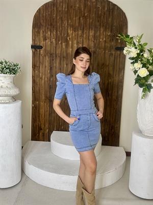 Likralı Jean Kumaş Sırt Metal Fermuar Detaylı Karpuz Kol Elbise