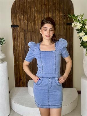 Likralı Jean Kumaş Sırt Metal Fermuar Detaylı Karpuz Kol Elbise