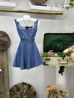 Likralı Jean Kumaş Taş Dizayn Kalın Askılı Kloş Elbise