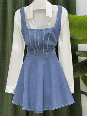 Likralı Jean Kumaş Taş Dizayn Kalın Askılı Kloş Elbise