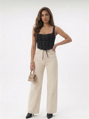 Likralı Jean Kumaş Taş Yıkamalı Wide Leg Pantolon