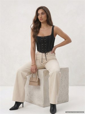 Likralı Jean Kumaş Taş Yıkamalı Wide Leg Pantolon
