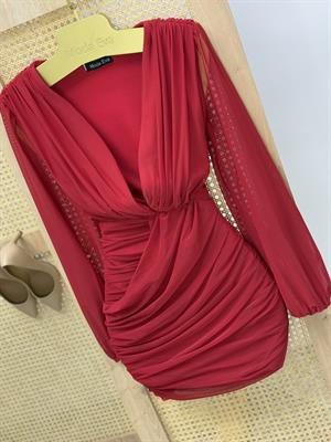 Likralı Kumaş Drapeli Derin V Yaka Tasarım Elbise Kırmızı