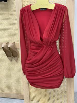 Likralı Kumaş Drapeli Derin V Yaka Tasarım Elbise Kırmızı