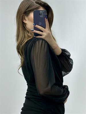 Likralı Kumaş Drapeli Derin V Yaka Tasarım Elbise Siyah 