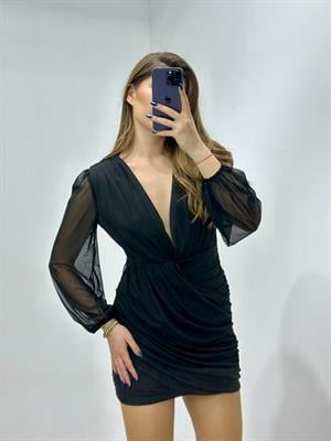 Likralı Kumaş Drapeli Derin V Yaka Tasarım Elbise Siyah 