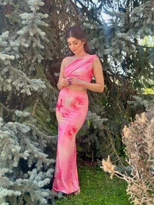 Likralı Micro Kumaş Crop & Uzun Etek İkili Takım Pembe