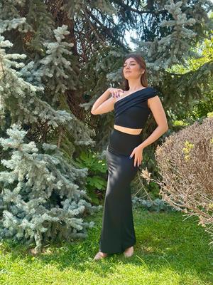 Likralı Micro Kumaş Crop & Uzun Etek İkili Takım Siyah