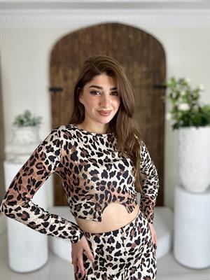 Likralı Micro Kumaş Crop Uzun Etek İkili Takım Leopar