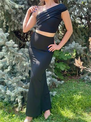 Likralı Micro Kumaş Crop & Uzun Etek İkili Takım Siyah