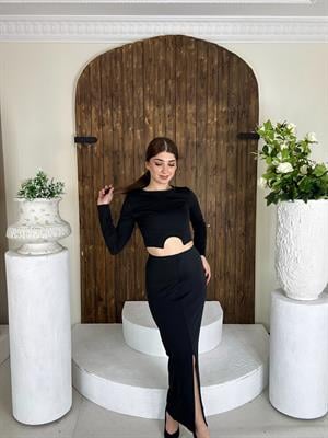 Likralı Micro Kumaş Crop Uzun Etek İkili Takım Siyah