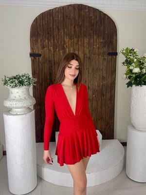 Likralı Micro Kumaş Derin V Yaka Şort Astarlı Mini Elbisemiz Kırmızı