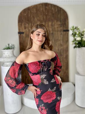 Likralı Micro Kumaş Gül Desen Uzun Elbise