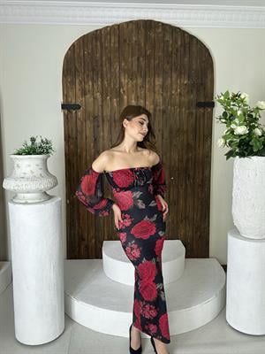 Likralı Micro Kumaş Gül Desen Uzun Elbise