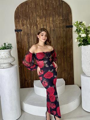 Likralı Micro Kumaş Gül Desen Uzun Elbise