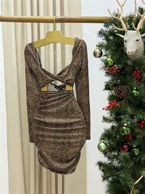 Likralı Micro Kumaş Leopar Desen Bel Dekolteli  Elbise 