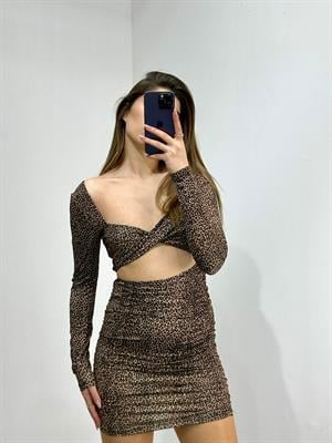Likralı Micro Kumaş Leopar Desen Bel Dekolteli  Elbise 