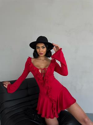 Likralı Micro Kumaş Volan Detaylı Tasarım Elbise Kırmızı