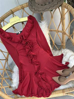 Likralı Micro Kumaş Volan Detaylı Tasarım Elbise Kırmızı