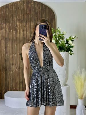 Likralı Payet Kumaş Boyundan Bağlamalı Kloş Tasarım Elbise Gümüş