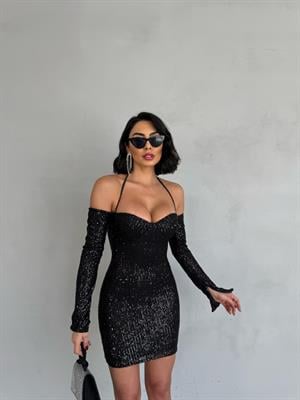 Likralı Payet Kumaş Kalp Yaka Boyundan Askılı Düşük Kol Tasarım Elbise Siyah