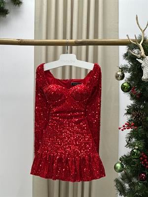 Likralı Payet Kumaş Kalp Yaka Tasarım Elbise