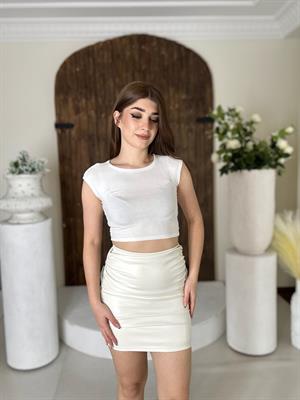 Likralı Pu Deri Drapeli Krem Etek 