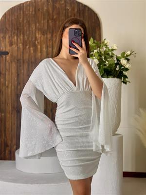 Likralı Pul Payet Kumaş Astarlı Pelerin Kol Mini Beyaz Elbise