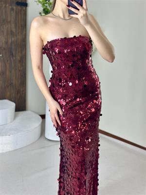 Likralı Pul Payet Kumaş Straplez Uzun Elbise Bordo