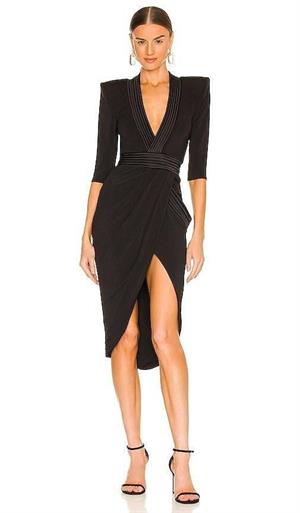 Likralı Sandy Kumaş Derin V Yaka Zarf Etekli Midi Boy Tasarım Elbise