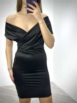 Likralı Saten Kumaş Çapraz Yaka Özel Üretim Elbise Siyah