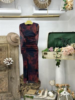 Likralı Şifon Tül Kumaş Drape Detaylı Yırtmaçlı Midi Elbise