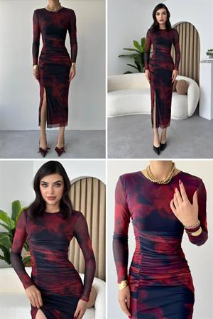 Likralı Şifon Tül Kumaş Drape Detaylı Yırtmaçlı Midi Elbise