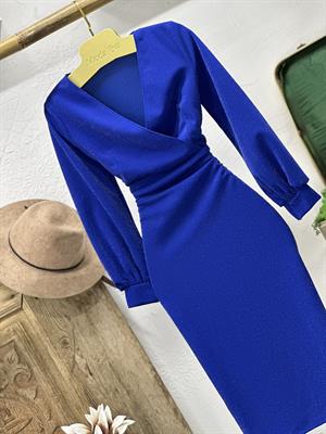 Likralı Simli Crep Dokuma Kumaş Kruvaze Yaka Manşet Kollu Kalem Saks  Elbise