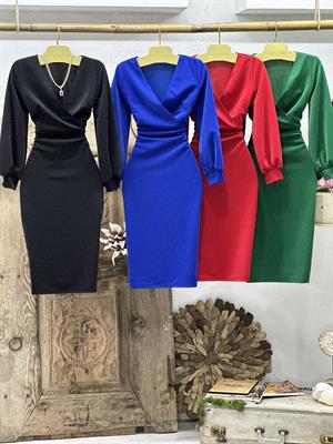 Likralı Simli Crep Dokuma Kumaş Kruvaze Yaka Manşet Kollu Kalem Saks  Elbise