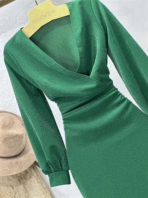 Likralı Simli Crep Dokuma Kumaş Kruvaze Yaka Manşet Kollu Kalem Yeşil  Elbise