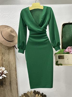 Likralı Simli Crep Dokuma Kumaş Kruvaze Yaka Manşet Kollu Kalem Yeşil  Elbise