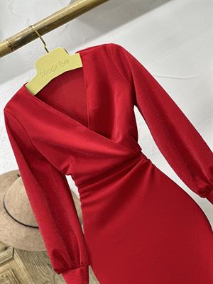 Likralı Simli Crep Dokuma Kumaş Kruvaze Yaka Manşet Kollu Kalem Kırmızı  Elbise