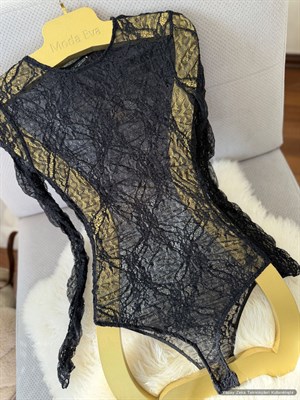 Likralı Tül Bodysuit Siyah