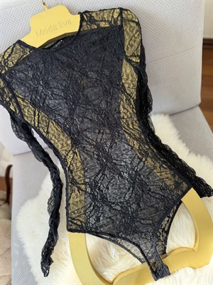 Likralı Tül Bodysuit Siyah