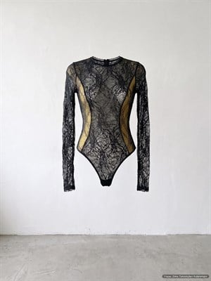 Likralı Tül Bodysuit Siyah