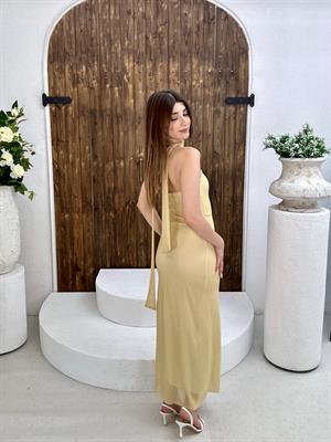 Likralı Tül Kumaş Çiçek Desen Şal Detay Tasarım Uzun Elbise