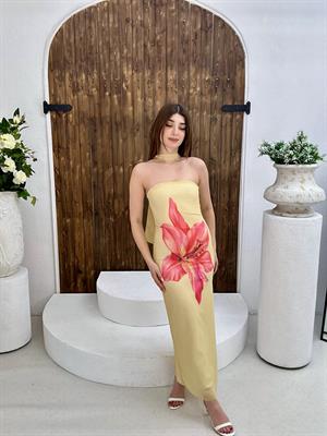 Likralı Tül Kumaş Çiçek Desen Şal Detay Tasarım Uzun Elbise