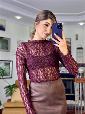 Likralı Tül Kumaş Dik Yaka Transparan Bluz Bordo