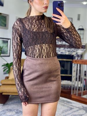 Likralı Tül Kumaş Dik Yaka Transparan Bluz Kahverengi