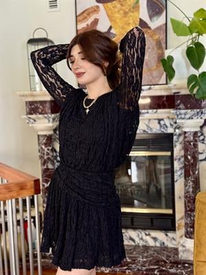 Likralı Tül Kumaş Drape Detaylı Kloş Elbise Siyah