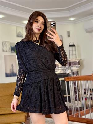 Likralı Tül Kumaş Drape Detaylı Kloş Elbise Siyah