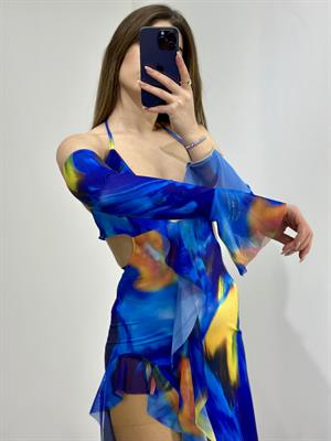 Likralı Tül Kumaş Ebruli Desen Tasarım Elbise