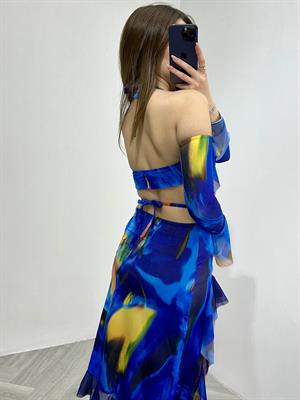 Likralı Tül Kumaş Ebruli Desen Tasarım Elbise