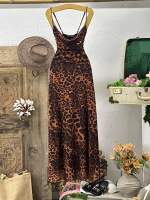 Likralı Tül Kumaş Leopar Desen Askılı Uzun Elbise